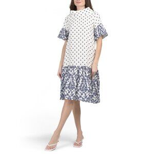LE RAGAZZE Italy Linen Blend Polka Dot Border Print Midi Dress